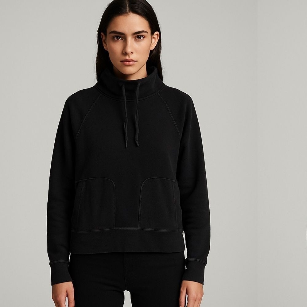T Alexander Wang Black Leather Trim Mock Neck Pullover Hoodie Sweatshirt M